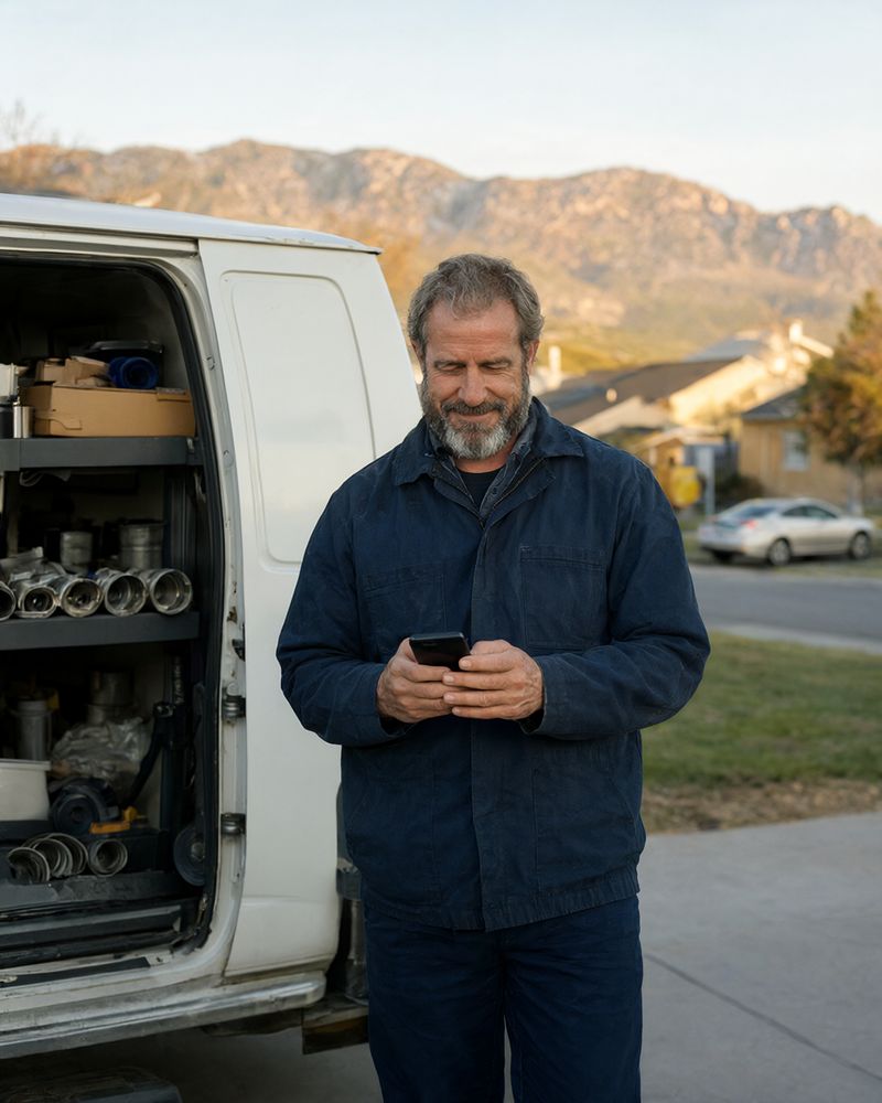 A plumbing business owner beside his work van, checking his phone.