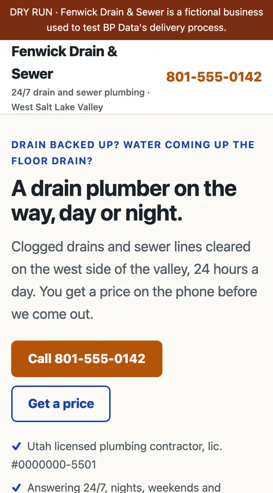 Sample project: the Fenwick Drain and Sewer homepage on a phone, with a dry-run banner, the headline A drain plumber on the way, day or night, and a large call button.