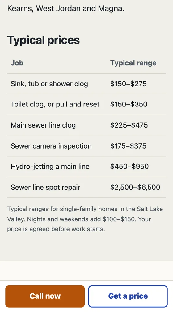 Sample project: a table of typical drain and sewer prices, from a sink clog at 150 to 275 dollars to a sewer line spot repair, with call now and get a price buttons pinned below.