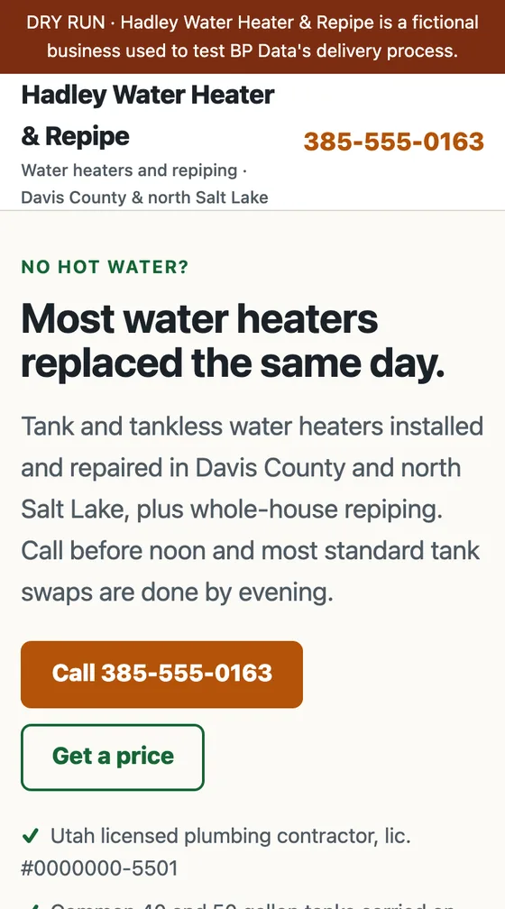 Sample project: the Hadley Water Heater and Repipe homepage on a phone, with a dry-run banner, the headline Most water heaters replaced the same day, and a large call button.