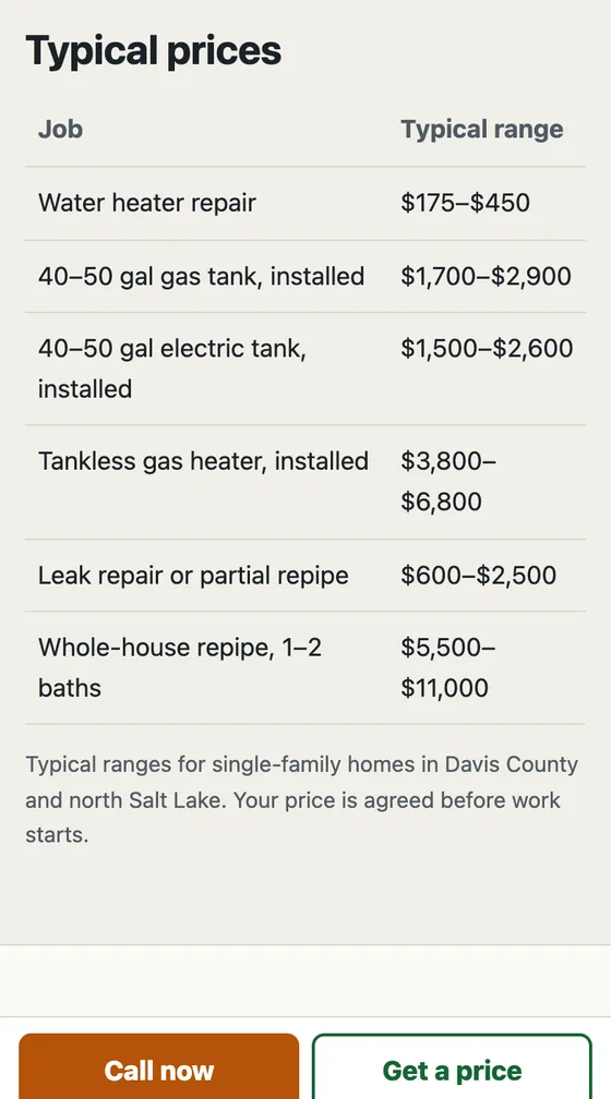 Sample project: the services list and a table of typical water heater prices, from a repair at 175 to 450 dollars to a gas tank installed at 1,700 to 2,900 dollars.