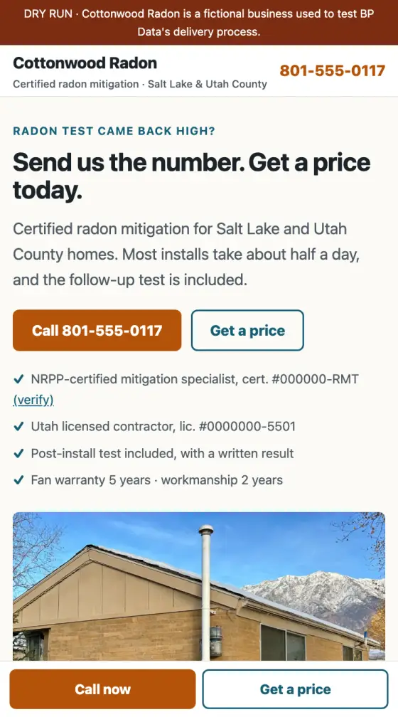 Sample project: the Cottonwood Radon homepage on a phone, with a dry-run banner, a call button and a get-a-price button.