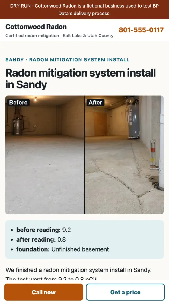 Sample project: a job page with before and after photos and the test readings, made from one Job done tap.